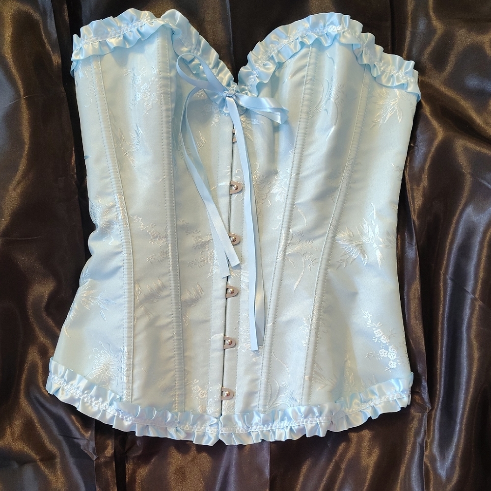 Light Blue Lace Up Corset with Ruffle Trim